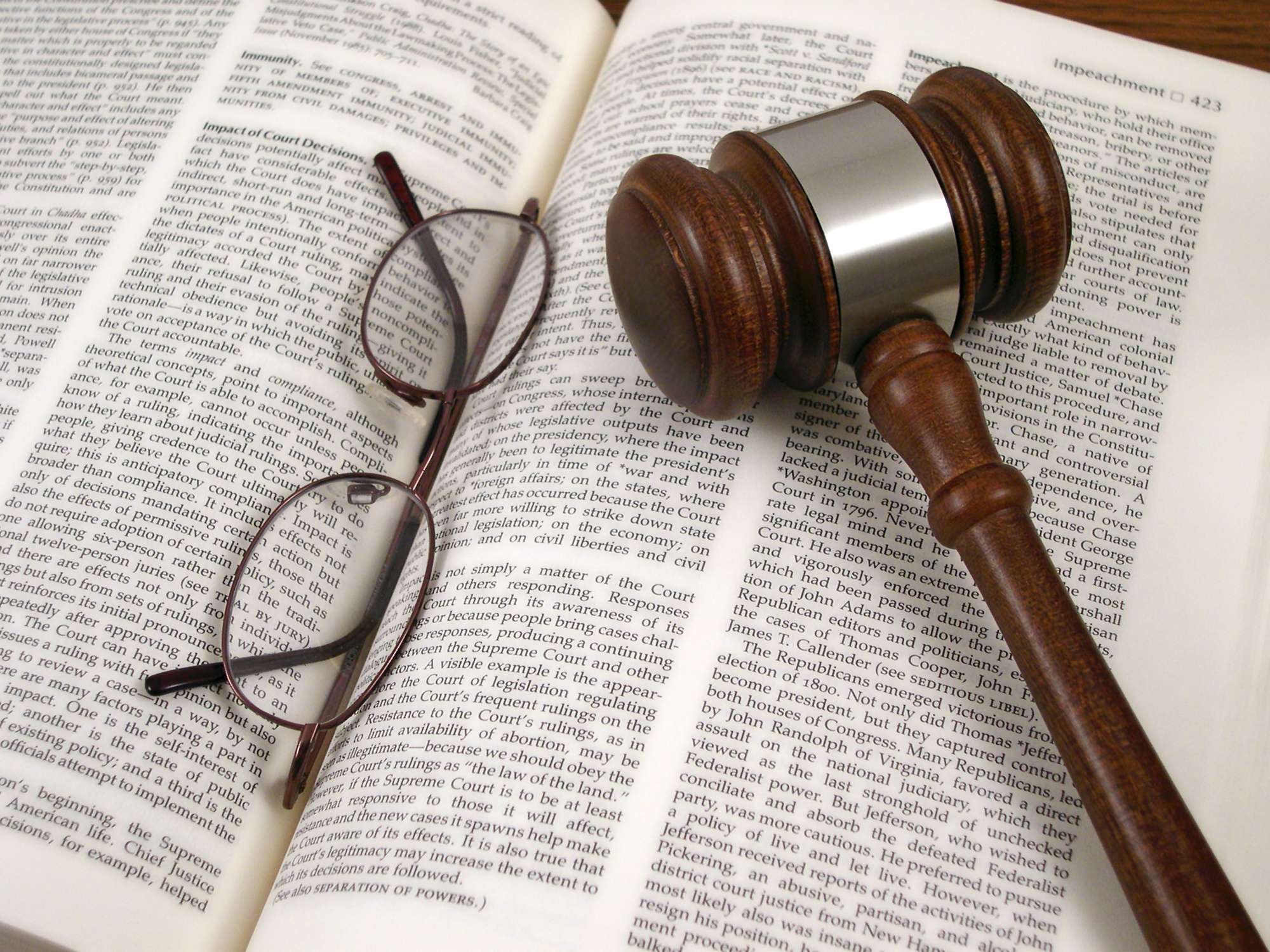 gavel, glasses, law book